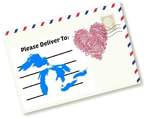 postcard envelope with fingerprint heart stamp love letter to michigan